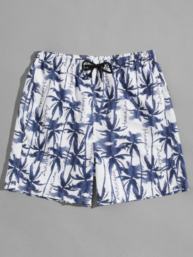 Men Palm Tree & Letter Graphic Drawstring Swim Trunks