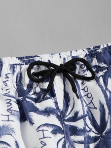 Men Palm Tree & Letter Graphic Drawstring Swim Trunks