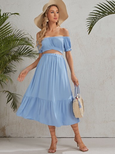 Maternity Off Shoulder Asymmetrical Hem Top & Skirt Set