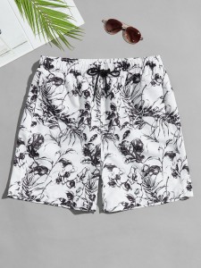 Men Plants Print Drawstring Swim Trunks