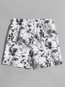 Men Plants Print Drawstring Swim Trunks