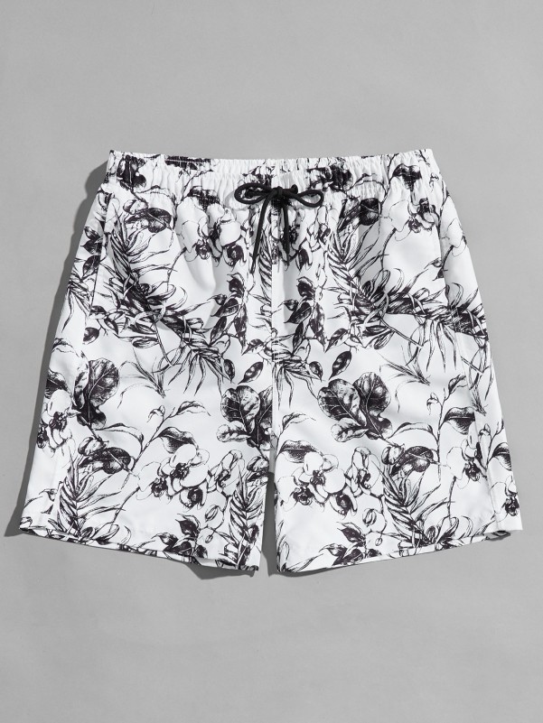 Men Plants Print Drawstring Swim Trunks