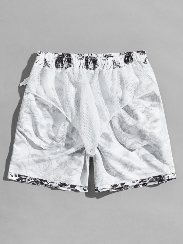 Men Plants Print Drawstring Swim Trunks