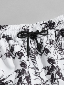 Men Plants Print Drawstring Swim Trunks