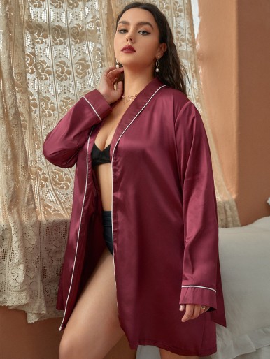 Plus Shawl Collar Contrast Piping Belted Satin Sleep Robe