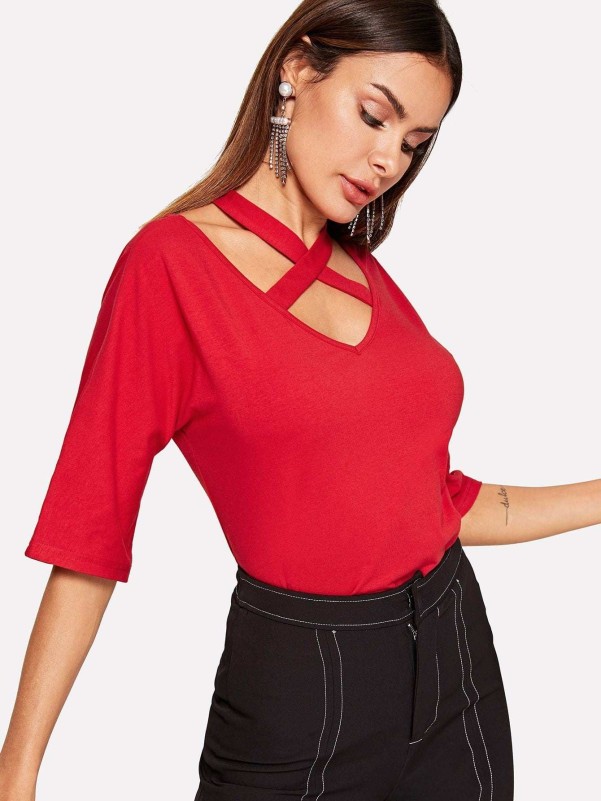 Criss-cross Neck Solid Tee