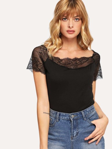 Contrast Lace Solid Tee