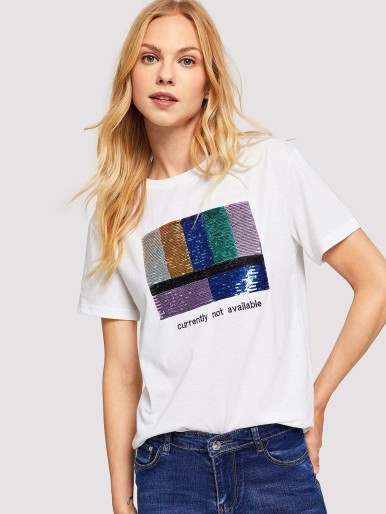 Letter Embroidered Sequin Detail T-shirt