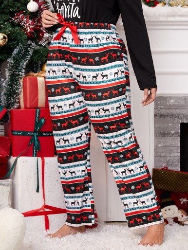 Plus Christmas Print Knot Waist Sleep Pants