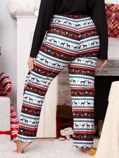 Plus Christmas Print Knot Waist Sleep Pants