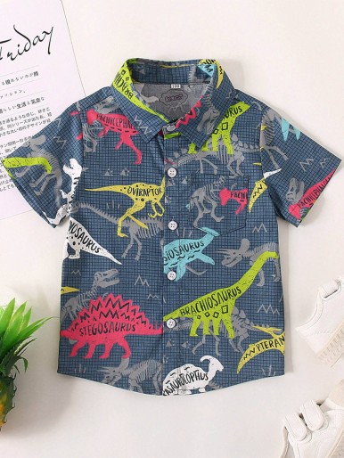 Toddler Boys Dinosaur And Plaid Button Up  Shirt