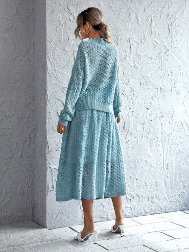 Solid Pointelle Knit Sweater & Knit Skirt