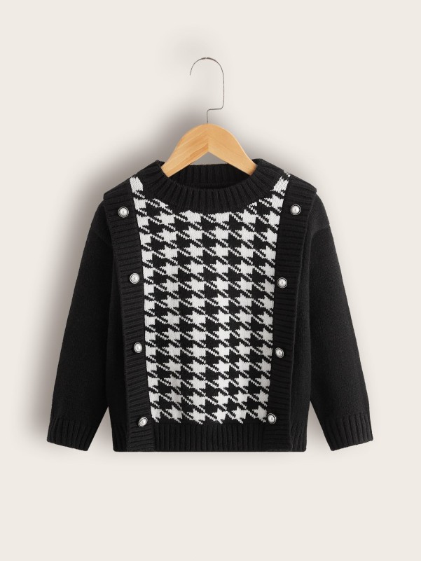 Toddler Girls Houndstooth Pearls Button Sweater