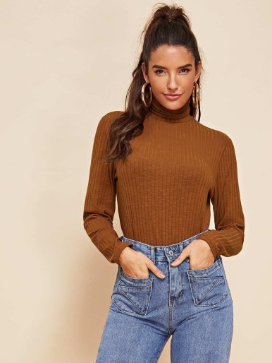 High Neck Ribbed Knit Tee