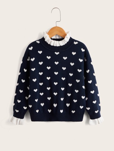 Toddler Girls Heart Pattern Frilled Neck Flounce Sleeve Sweater