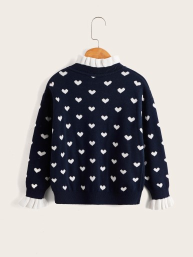 Toddler Girls Heart Pattern Frilled Neck Flounce Sleeve Sweater