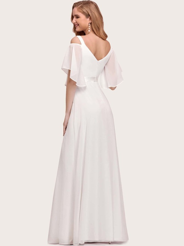 Cold Shoulder Flutter Sleeve Maxi Formal Dress