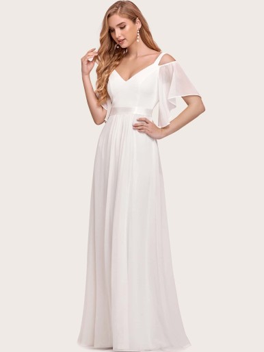 Cold Shoulder Flutter Sleeve Maxi Formal Dress