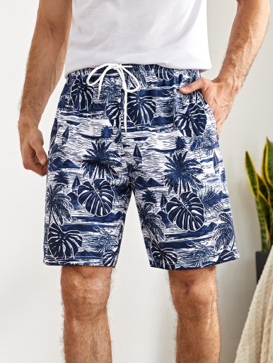 Men Tropical Print Slant Pocket Sleep Shorts