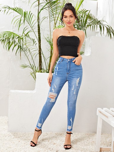 Eyelet Lace Up Back Denim Top