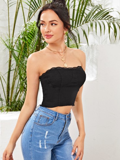 Eyelet Lace Up Back Denim Top