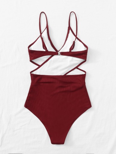 Rib Cut-out Cross One Piece Swimsuit