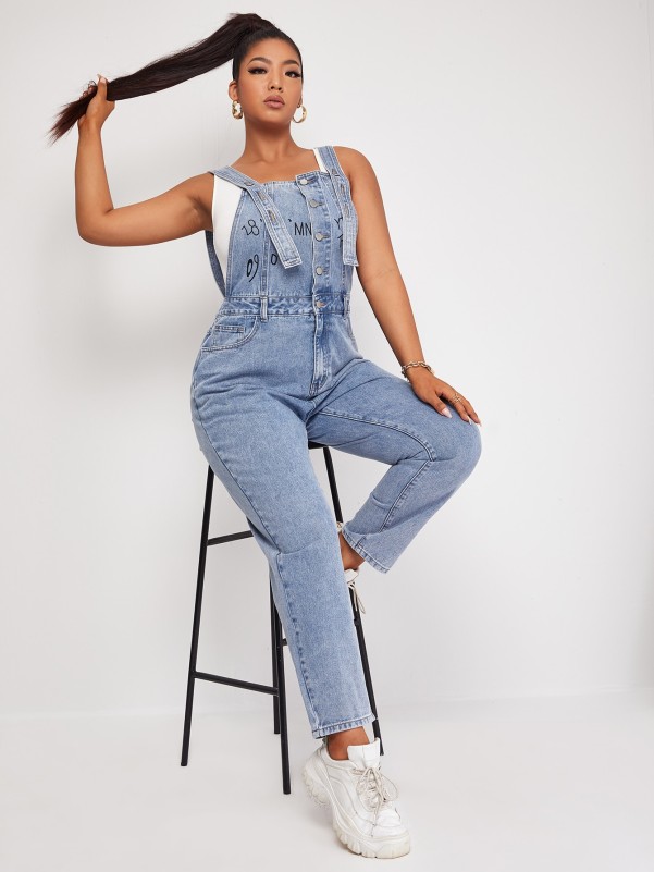 Plus Letter Graphic Button Front Denim Overalls