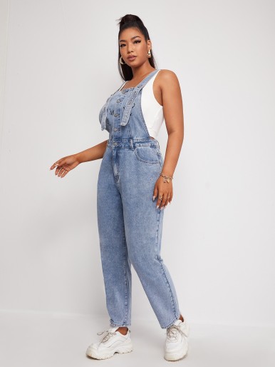 Plus Letter Graphic Button Front Denim Overalls