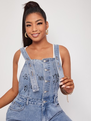 Plus Letter Graphic Button Front Denim Overalls