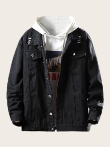 Men Flap Pockets Ripped Denim Jacket