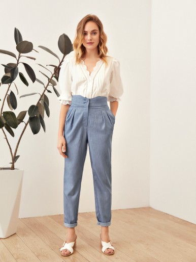 Notch Waist Fold Pleated Front Tailored Pants