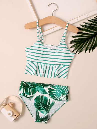 Girls Striped & Tropical Ruffle Hem Bikini Swimsuit