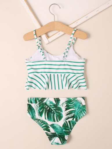 Girls Striped & Tropical Ruffle Hem Bikini Swimsuit