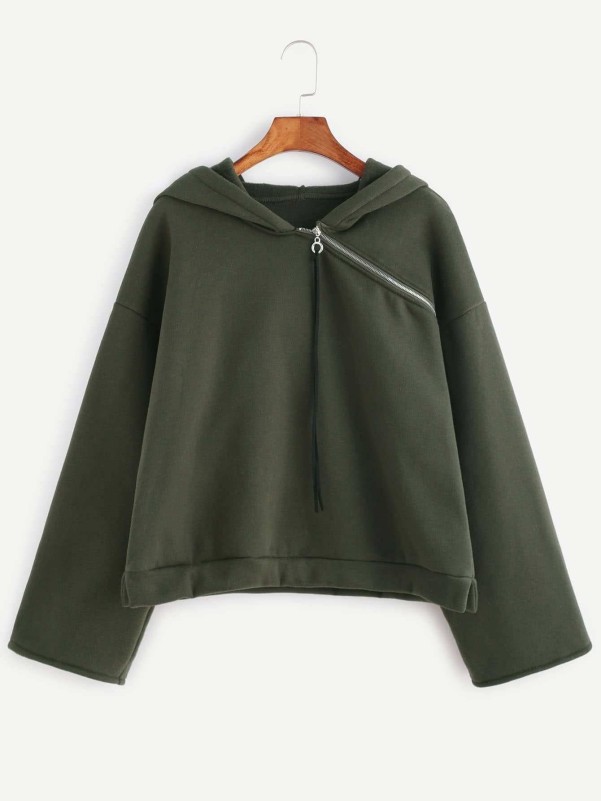 Olive Green Asymmetric Zip Neck Drop Shoulder Hoodie