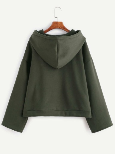 Olive Green Asymmetric Zip Neck Drop Shoulder Hoodie