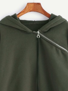 Olive Green Asymmetric Zip Neck Drop Shoulder Hoodie