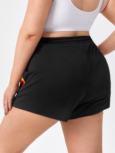 Plus Rainbow Stripe Drawstring Sports Shorts