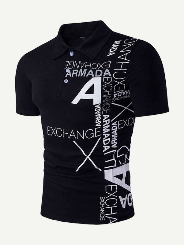 Men Abstract Letter Print Polo Shirt