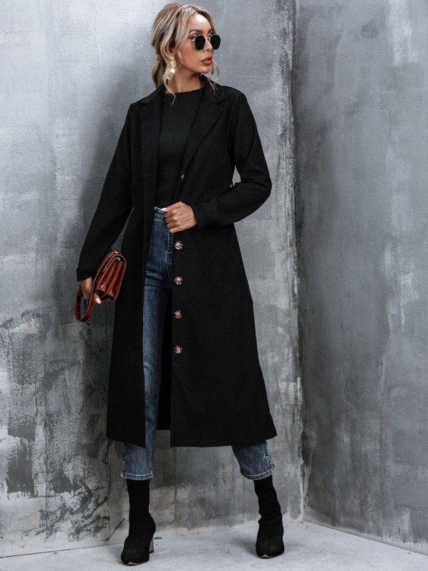 Solid Button Front Belted Overcoat