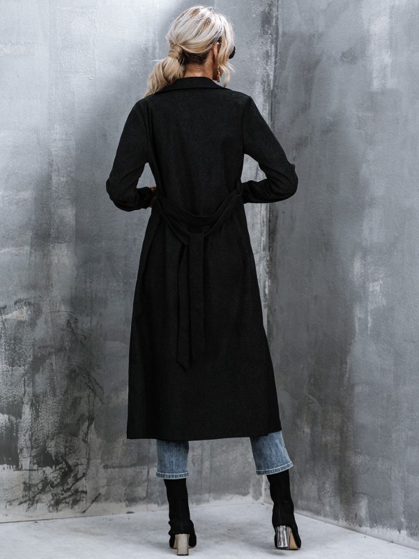 Solid Button Front Belted Overcoat