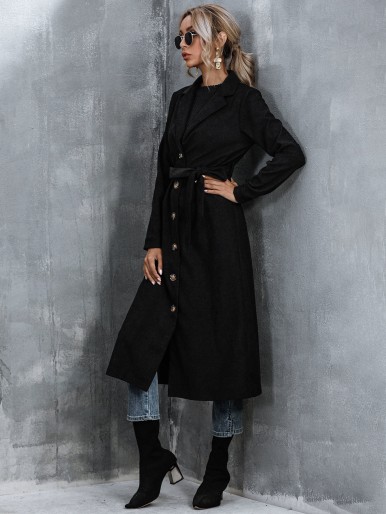 Solid Button Front Belted Overcoat