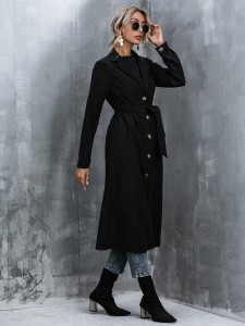 Solid Button Front Belted Overcoat