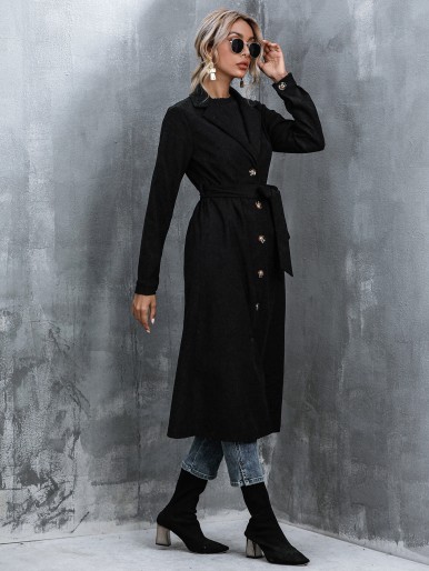 Solid Button Front Belted Overcoat