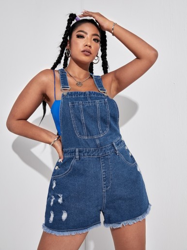 Plus Ripped Raw Hem Denim Overall Shorts