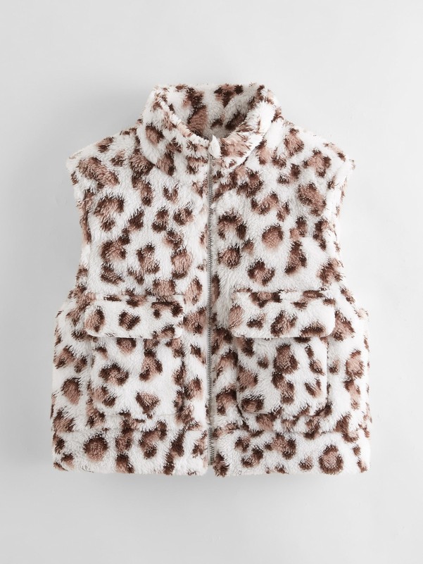 Girls Flap Pocket Front Leopard Teddy Vest Jacket