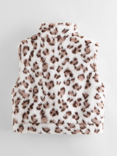 Girls Flap Pocket Front Leopard Teddy Vest Jacket