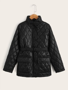 Girls Dual Pocket Belted Winter Coat