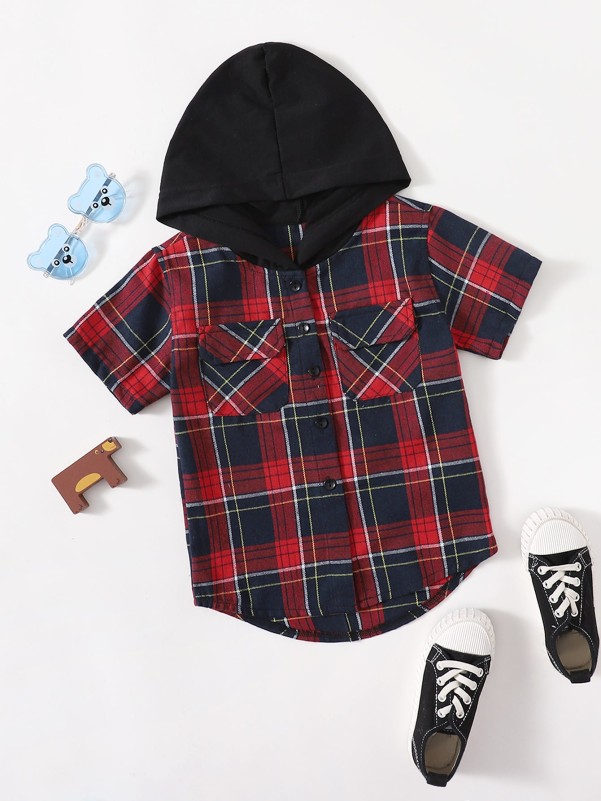 Toddler Boys Plaid Button Up Hooded Shirt