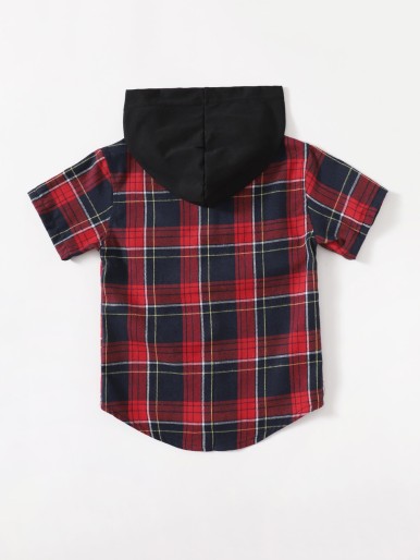 Toddler Boys Plaid Button Up Hooded Shirt