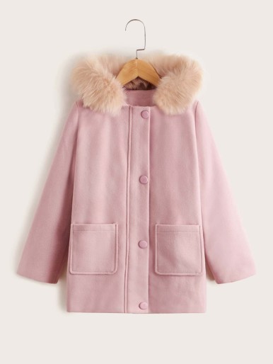 Girls Pocket Front Fuzzy Trim Hooded Overcoat